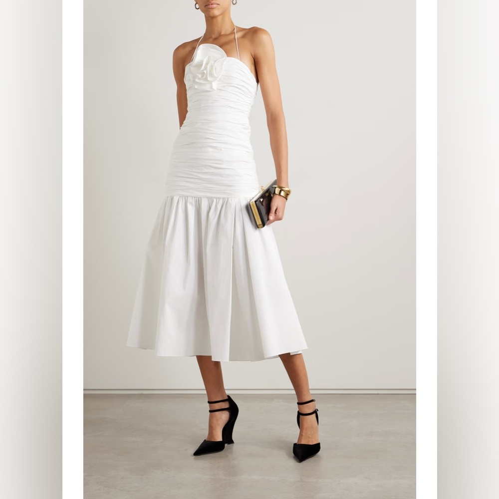 CAROLINA HERRERA Ruched Appliquéd Cotton-Blend Poplin Flower Midi Dress